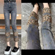 Tulxyijie-Kleidung YJ Hochkunden-Frühling und Sommer reguläre hohle Diamantjeans schlanke Hochwait-Rauchhose Frauen YK671 Retro Blue L 115-130