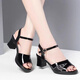 Boensa (BOENSA) fish mouth shoes genuine leather fish mouth sandals for women 2025 new summer fashion versatile thick heel mid-heel mother sandals women's shoes black 35