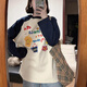 Xiyuer long-sleeved tops for women 2025 latest American retro trendy brand color-blocked long-sleeved T-shirts for women autumn 2025 new navy blue and apricot M