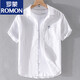 
ROMON men's linen lapel short-sleeved shirt loose shirt collar top with collar T-cotton linen T-shirt linen summer clothing yunyi-9711 blue L