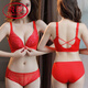LangSha natal year buckle red bra set gathers pure lust style beautiful back anti-sag lace ladies underwear big red set 95C 42