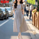 Vestido de hengyuanxiang, falda larga de mujeres, temperamento francés hermoso y único, cuello redondo, gris, adelgazamiento y reducción de edad 2025 Summer New Style, Gray S (recomendado 85-100Jin [Jin iguala 0.5 kg])