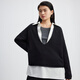Drei-Farben lose Schulter Silhouette Deep V entspannender Pullover