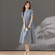 
Ehangy light luxury brand dress for women 2025 summer new short-sleeved floral temperament generous slim and fashionable shirt skirt blue gray XL