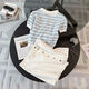 Longwenstin (L.WEST) Summer 2025 New Korean Striped Short Sleeve Top Slim and Versatile Denim Short Skirt Suit Skirt Two-piece Summer White Skirt 7170B S