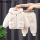 Baby clothes for 6-12 months, autumn and winter split velvet thickened suit for boys and girls, winter clothing, new fashionable two-piece suit, children's hooded warm baby winter suit, coffee color. Please refer to the size that your baby usually wears. 95cm 100. Recommended height is 85cm.