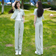 忻依美时尚套装女2025夏季新款洋气宽松显瘦短袖开衫上衣阔腿裤两件套 浅绿色套装+背心【三件套】 XL 【110-120斤】