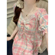 
Cat man (MiiOW) pink plaid pajamas for women in summer with chest pads sexy cute lace short-sleeved princess style nightgown 2025 home clothes 16864 pink flower green leaves fixed chest pad M 160