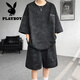 Playboy (PLAYBOY) summer suit men's niche design tie-dyeing 7-quarter sleeve T-shirt shorts trendy cool big size men's clothing set TZ757 tie-dyeing black L (recommended 110-125 Jin [Jin equals 0.5 kg])