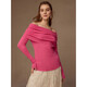 European and American cross-border spring and autumn wool off-shoulder sweater top for women slim solid color pullover one-length sweater base shirt rose red L