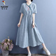 Woodpecker 2025 summer new cotton linen tilted placket embroidered short-sleeved dress for women Chinese style literary retro mid-length skirt Blue M Recommended 80-105Jin [Jin equals 0.5 kg]