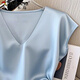 Woodpecker (TUCANO) blue pleated waist-hugging lace-up short-sleeved T-shirt for women 2025 summer new style versatile and unique super beautiful satin versatile blue M (80-95Jin [Jin equals 0.5 kg])