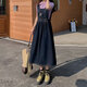Retro age-reducing denim strap skirt for women spring and summer large size fat mm Korean style student cute embroidered suspender dress blue and gray [MY-8858] S