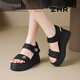 ZHR thick sole high heel sandals for women wearing high-rise soft sole heeled casual women's shoes CE37 black 36