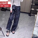 维多利亚的格调复古印花亚麻休闲裤女夏季新款大码梨形身材显瘦遮胯老钱风直筒裤 藏青色【超绝松弛感】 XL 【120-140斤】