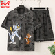 Catman (MiiOW) summer short-sleeved thin cotton pajamas men's home clothing set summer cartoon print Korean version handsome young man 3271 short-sleeved cover M (70-100Jin [Jin equals 0.5 kg])