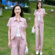 忻依美时尚套装女2025夏季新款洋气宽松显瘦短袖开衫上衣阔腿裤两件套 浅绿色套装+背心【三件套】 XL 【110-120斤】