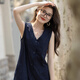 Demana [ropa literaria y artística] Summer Natural y suave Línea de algodón Cadena de bambú de tela en V butón de cuello en V de mujeres