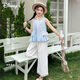 Disney girls suit summer thin girl bohemian sleeveless t-shirt wide-leg pants suit TD2ET012 blue and white 140