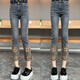 Tulxyijie-Kleidung YJ Hochkunden-Frühling und Sommer reguläre hohle Diamantjeans schlanke Hochwait-Rauchhose Frauen YK671 Retro Blue L 115-130
