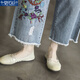Modal Literary Retro bestickt mit zerrissenen Jeans für Frauen im Sommer- und Herbst-Straight Hosen lose und schlanker Frauen-Kumpel-Hosen A6210# Blau, gute verbesserte Stoffqualität Bessere XL 115-125jin [Jin gleich 0,5 kg]