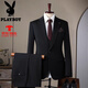 Playboy 2025 summer suit men British slim business formal wear color professional work clothes groom wedding suit dark green three-piece set M 48