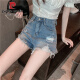 Pier Cardin cortos de mezclilla rasgados para mujeres New Korean Corea Corea Gran Tamaño Gran Tamaño MM Piernas anchas de cintura alta adelgazante Pantalones calientes de línea A azul claro 9767 S [90-100Jin [Jin iguala 0.5 kg]]]