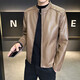 High-end stand-up collar leather jacket for men in autumn and winter new fashion casual black leather jacket velvet thickened versatile jacket khaki XL