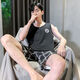 雅鹿中年男士无袖背心睡衣男青年卡通短袖薄款宽松大码家居服套装 H9928(短袖短裤) L(建议100120斤) 均码