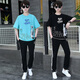Zhaoxun 12-15-jähriger Boy T-Shirt-Anzug 13 Schüler der Junior High School Kurzärärmelte T-Shirt Fat Boy Handsome Sommeranzug 14 Big Boys 9226 Blau (kurzärmelige + lange Hosen) S 160 (60-75 Jin [Jin gleich 0,5 kg]))