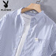花花公子（PLAYBOY）夏季薄款衬衫领短袖T恤男宽松体恤免烫条纹半袖带领口袋上衣夏装 9721白色 M