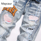 Maycaur Модный европейский и американский уличный стиль Amiri Fashion Slim Elim Elastic Straight вышитые разорванные мужские джинсы S3892# 30