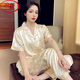 浪莎（LangSha）冰丝睡衣女士夏季凉感薄款短袖长裤加大码200斤家居服高级感套装 695#水墨画三件套装 M (建议80-100斤)