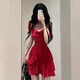 
Jinbingsheng retro style suspender dress new pure desire dress red high-end niche temperament waist-hugging short skirt Burgundy [upgraded waist-hugging style] M [Suggested 95-105Jin [Jin equals 0.5 kg]]