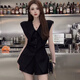 Two-piece set of fashionable and beautiful summer design, lapel, slim temperament jacket, high waist skirt set, women's clothing 1389 black two-piece set 2XL [130-145Jin[Jin equals 0.5 kg]]