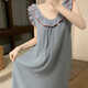 
Shantou Lincun Korean style ins style sexy backless cotton soft nightgown for women in summer sleeveless ruffled loose pajamas summer home clothes 6187 denim blue vest + shorts M 160