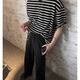 Poum Schwarz-Weiß gestreifter runder Nacken kurzärmelige Sommer- und Herbstkoreanische Version Einfacher grundlegender T-Shirt Casual Lose vielseitig Top YTFS-6627 Black M.