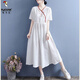 Woodpecker 2025 summer new cotton linen tilted placket embroidered short-sleeved dress for women Chinese style literary retro mid-length skirt Blue M Recommended 80-105Jin [Jin equals 0.5 kg]