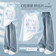 Marcolor (Marcolor) Herbstanzug für Mädchen 2025 Neue lässige lockere Mädchen Langarm T-Shirt Sticked Wide Level Children's Jeans