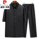 皮尔卡丹（pierre cardin）男士仿香云纱衬衫夏季短袖仿桑蚕丝立领套装中式男装中国风衬衫 2803上衣+9226.裤子 M 建议100-115斤