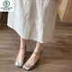 
Woodpecker Sheepskin Mary Jane Heels Split Toe Pig's Troe Shoes Women's 2025 New High Heels Thick Heels Silver Shoes Round Toe Light Mouth Try 9856 Silver 39
