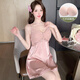 Pijama modal con almohadilla de pecho para mujeres en verano 2025 Nuevo hielo de alta gama Seda sexy sospecher camisón de encaje de encaje y otoño casa js_9227# falda de suspensión individual de albaricoque móvil 4 m