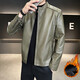 High-end stand-up collar leather jacket for men in autumn and winter new fashion casual black leather jacket velvet thickened versatile jacket military green thickened 3XL