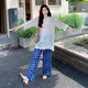 拉夏贝尔（La Chapelle）一整套ootd穿搭休闲套装女夏季2025新款蕾丝上衣复古阔腿裤两件套 宝蓝色 上衣+裤子  S (105斤内)