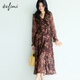 Evely looks slim and slanted silk style V-neck ruffle front slit design versatile dress 2025 autumn new style autumn dye brown M 105-115Jin [Jin equals 0.5 kg]