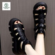 Woodpecker leather Roman heightened sandals for women in summer 2025 new fashionable sponge cake thick-soled fish-mouth shoes non-slip hollow black 35