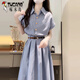 啄木鸟2025新款韩系学院风蓝色短袖衬衫连衣裙子女夏季气质收腰长裙 蓝色送腰带独特漂亮约会穿搭/今 S 40/45kg