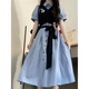 Booth sage [9742 people collect] New French style waist-hugging striped fake two-piece dress for girls mid-length dress fake two-piece dress [brand high quality] M