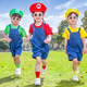 Kaikaijia children's performance clothing kindergarten cos Mary Mario overalls suit boys and girls performance clothing children red short-sleeved + denim short overalls free socks of the same color 100cm suitable for heights below 90cm