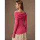 European and American cross-border spring and autumn wool off-shoulder sweater top for women slim solid color pullover one-length sweater base shirt rose red L